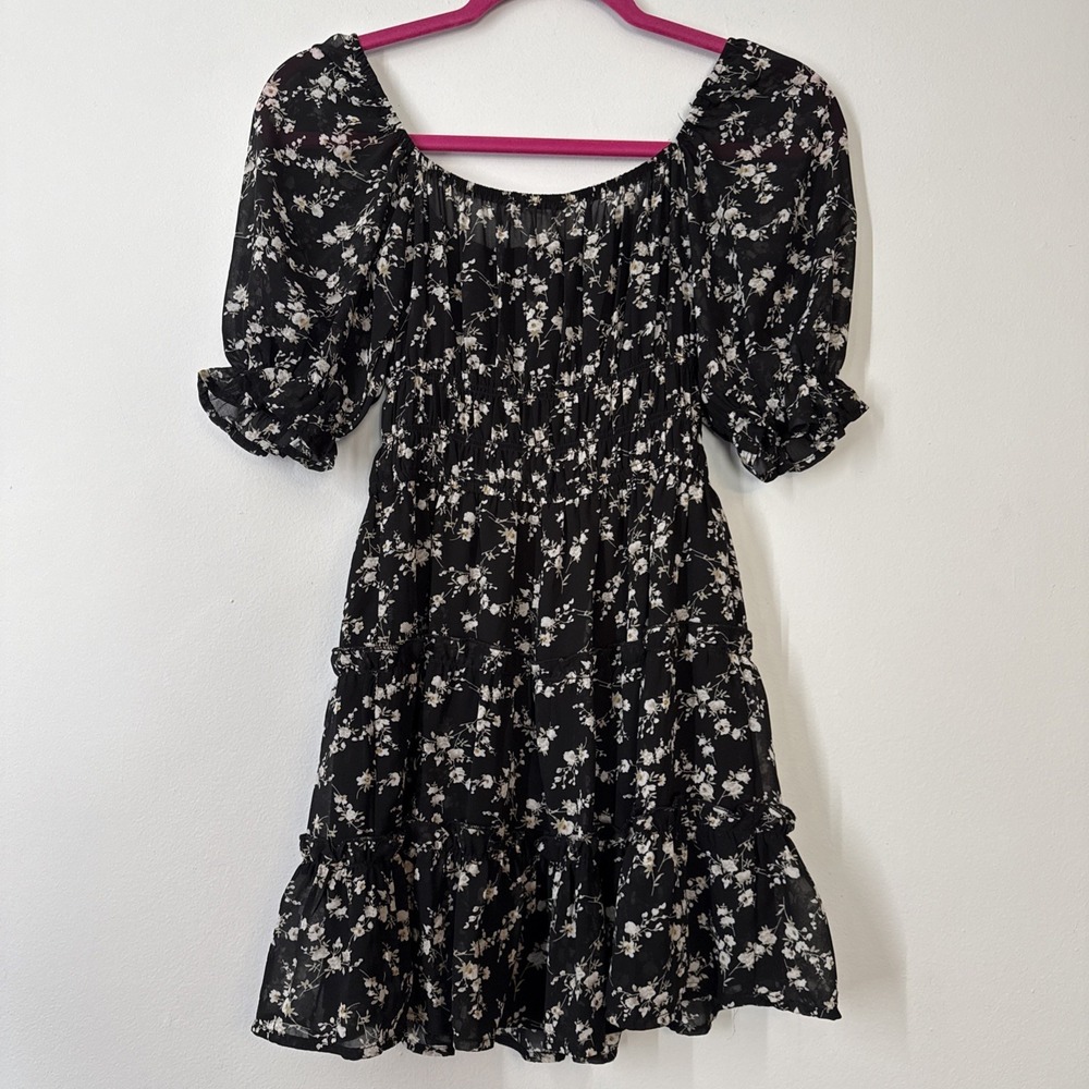 Black Floral Puff Sleeve Fairy Dress Small Whimsigoth‎ Cottagecore Romantic - Picture 8 of 8